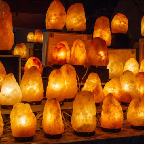 group Himalayan salt lamps lit