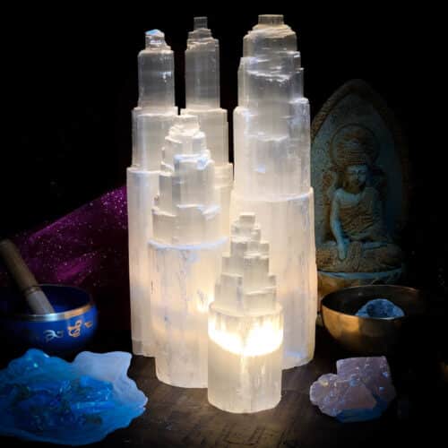 Selenite Lamp Group of sm, med, large and double tower