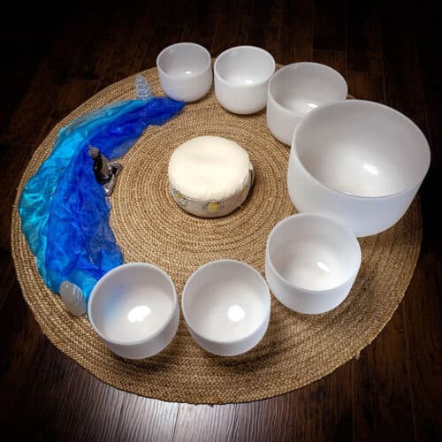 Crystal Singing Bowl 7 Bowl Chakra Set From The OM Shoppe with Blue Scarf and Zafu