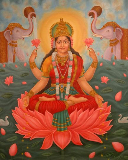 he Hindu goddess Mata Lakshmi Ji seated upon a lotus throne in lotus position, a classical meditation pose