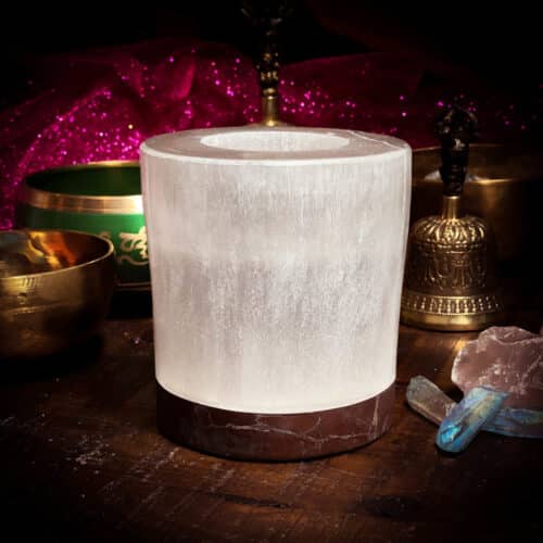 Selenite and Orthoceras Fossil Candle Holder 5" x 5"
