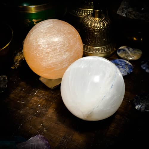 Peache and white selenite sphere with stand 50-60mm