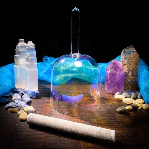 Rainbow handle crystal singing bowl with suede mallet