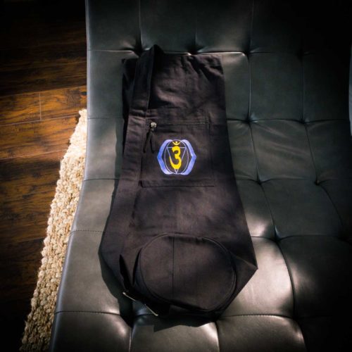 Black yoga bag with sanskrit symbol for sale at the om shoppe