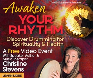 Woman with drum promoting Awaken Your Rhythm with Christine Stevens