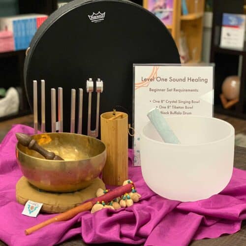 Sound healers bundled collection kit includes Includes: 8" Crystal Singing Bowl 8" Tibetan Bowl A Black Buffalo Drum Tuning Fork Relaxation Set Koshi Chime Nut Shell Shaker at the om shoppe