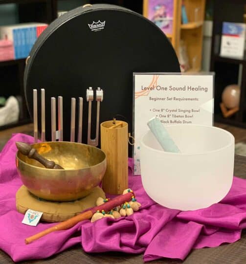 Sound healers bundled collection kit includes Includes: 8" Crystal Singing Bowl 8" Tibetan Bowl A Black Buffalo Drum Tuning Fork Relaxation Set Koshi Chime Nut Shell Shaker at the om shoppe