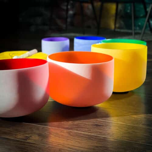 7 Colored Frosted Crystal Singing Bowls Set at The Om Shoppe in Sarasota Florida